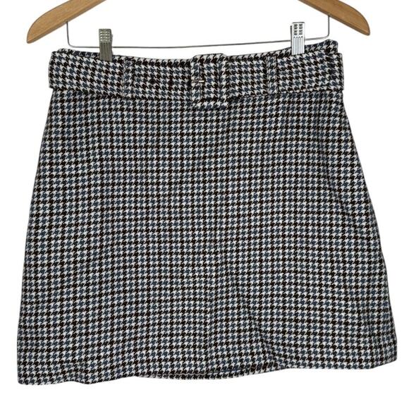 Kate Spade New York Wool Brown/Blue/Cream Houndstooth Belted Mini Skirt - 6 - Picture 2 of 8